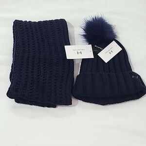 NWT Halston 2 pc Knit Toboggan Hat Infinity Scarf Navy Blue